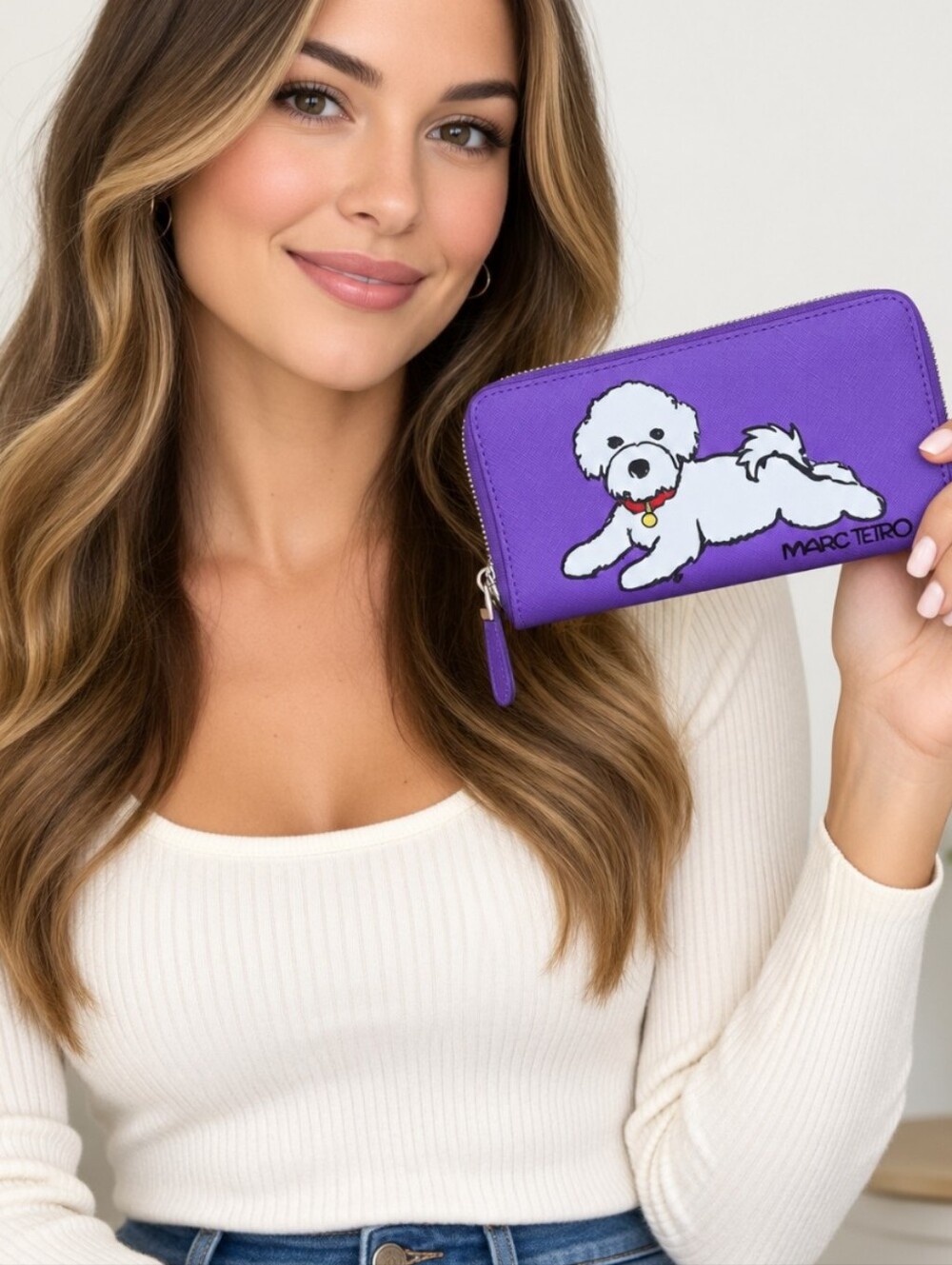 Marc Tetro Purple Dog Print Zip-Around Wallet Coin Card Bichon "Love My Dog"
